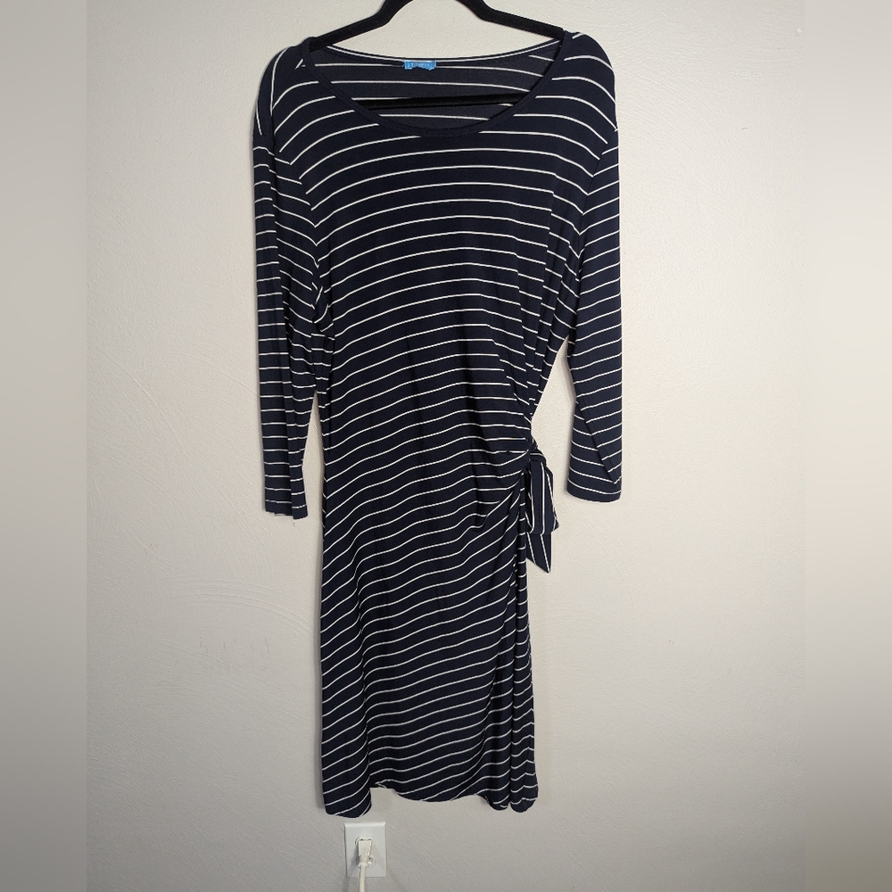 XL J. McLaughlin Navy Blue Striped Tie Side Sheath Dress